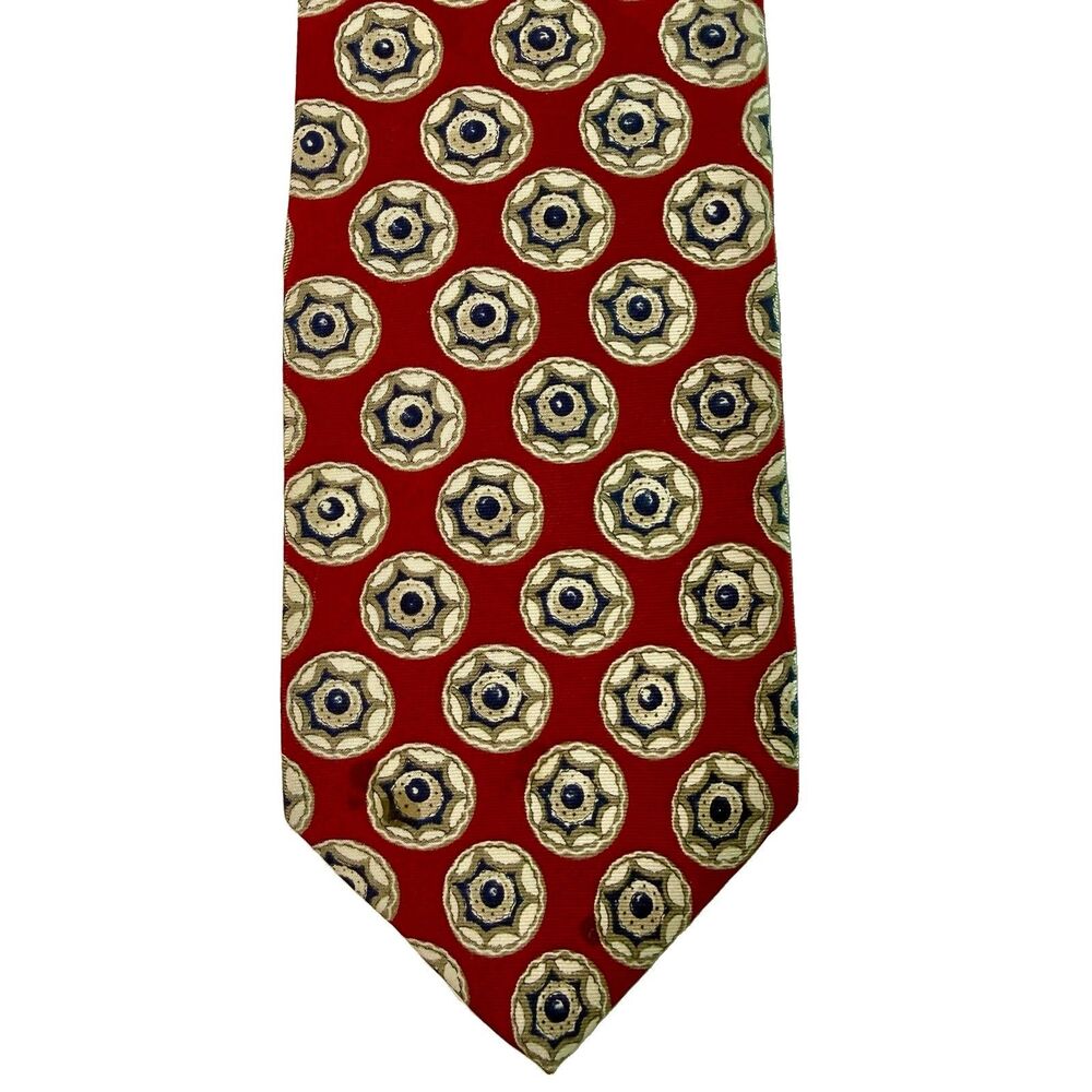 KENNETH COLE Men's Silk Tie Red Grey White Geometric Circles Classic 58" x 3.75"
